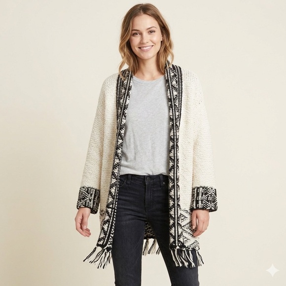 Soft Surroundings Sweaters - Soft Surroundings Open Aztec Fringed Cardigan Sweater Medium Cream Black Boho